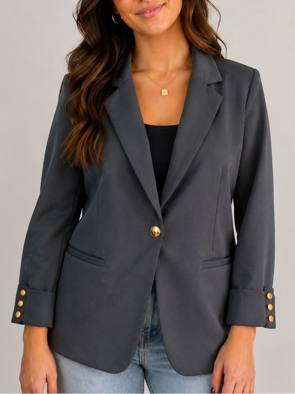 Charcoal Gold-Button Single-Button Blazer